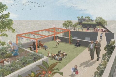 A rooftop garden in roofscaped London features people engaging in various activities. On the left, a person tends to plants, while others relax or play instruments under an orange pergola. On the right, a couple walks along a path with children playing hopscotch and other games, truly reaching for the skies.