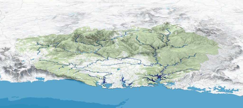 A detailed topographic map shows a mountainous region near the Sydney 2070 mega city, with a network of rivers and water bodies. The terrain is shaded to highlight elevation changes, with green indicating lower altitudes and white representing higher altitudes. A future mega park dots the coastline at the bottom.