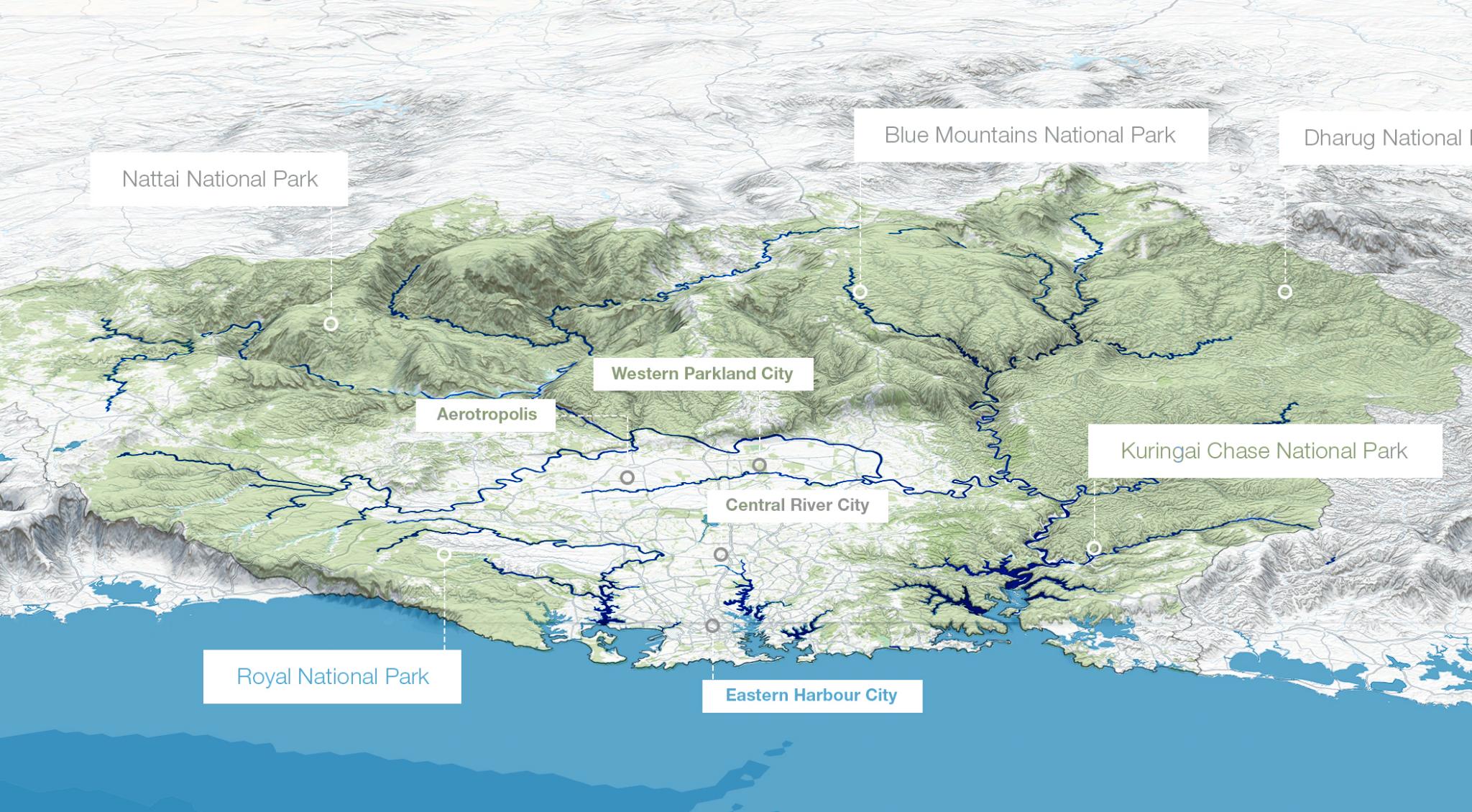 A topographical map of the Sydney region highlights various cities and national parks, including Natia National Park, Aerotropolis, Western Parkland City, Central River City, Eastern Harbour City, Royal National Park, Kuringai Chase National Park, and Blue Mountains National Park in this developing mega city.