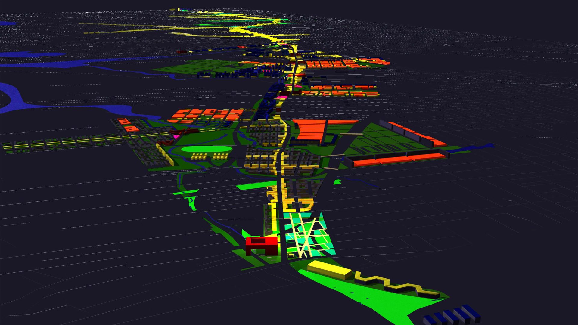 A nighttime 3D model of an urban area showcases a bright yellow main road, reminiscent of Parramatta Road, running through the center. Various blocks and buildings are highlighted in green, orange, and red representing different zones or districts against a dark background.