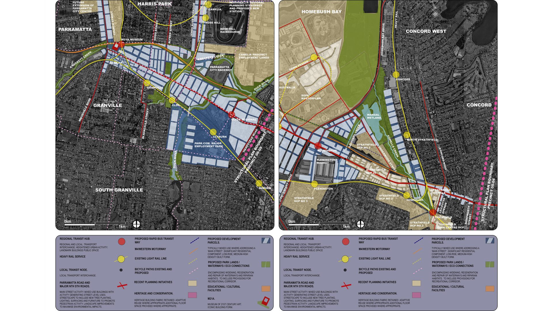 A dual-panel map showcasing urban planning details for Parramatta, Granville, Homebush Bay, and Concord West areas. The legend at the bottom includes symbols for existing transit routes, proposed changes along Parramatta Road, local roads, and landmarks amid a grey satellite background.