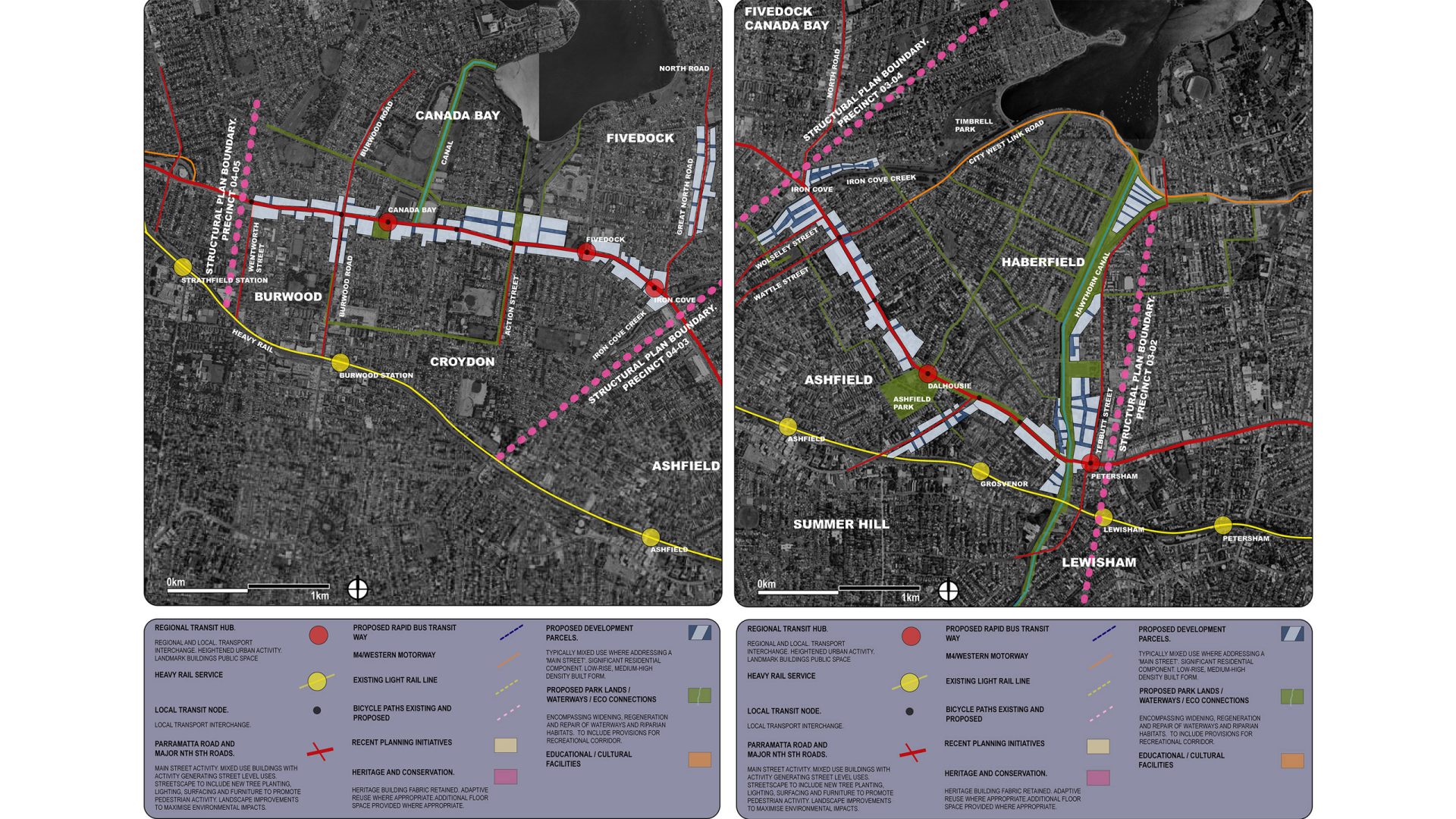 A two-part map shows urban areas with color-coded paths indicating different routes for bicycling and walking, including Parramatta Road. Key landmarks, streets, and transport links are marked. A legend explains route types, amenities, and transport connections. Distinct areas are labeled.