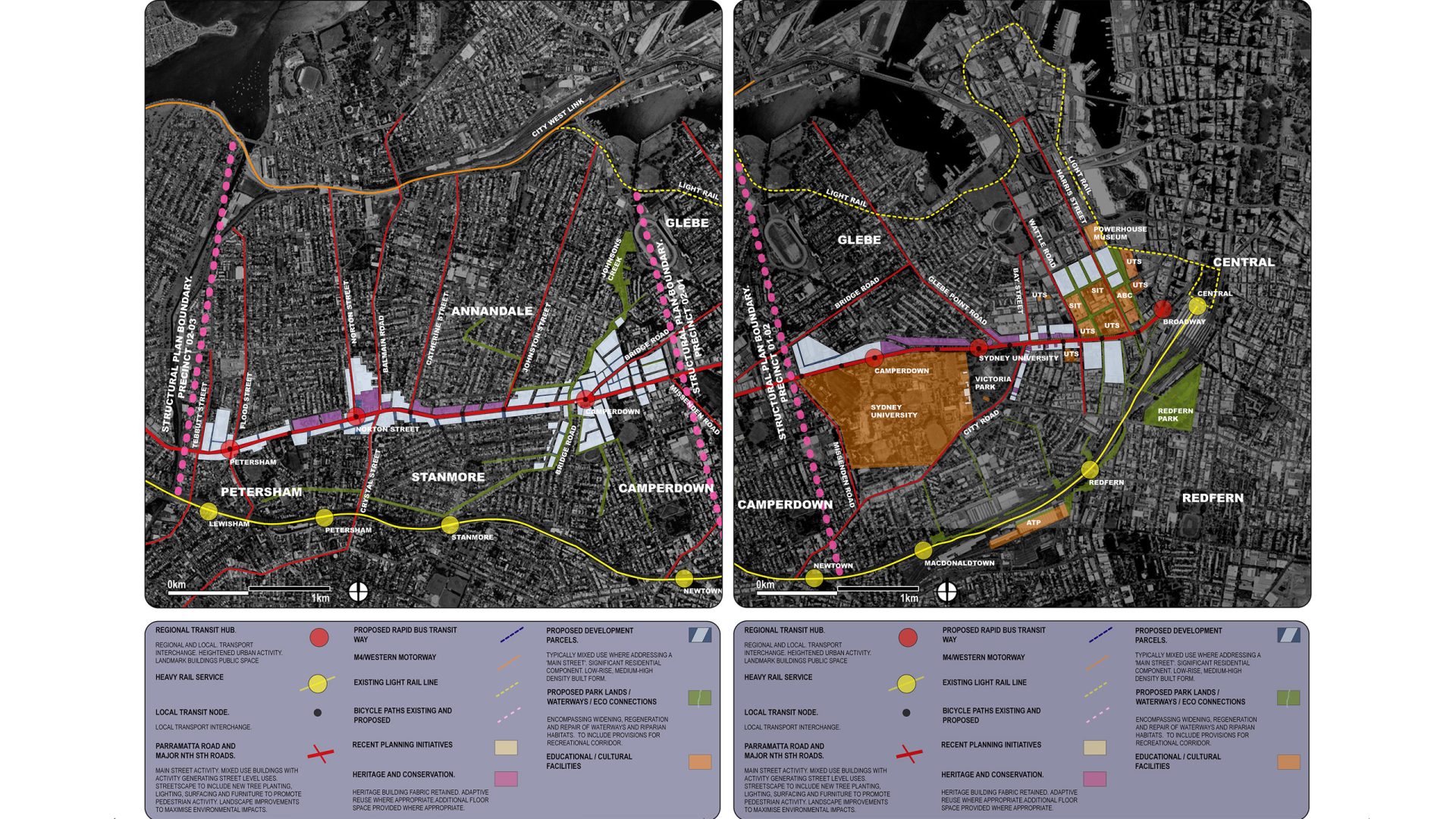 Two adjacent maps detail transportation and infrastructure plans for the Parramatta urban area. Color-coded lines represent various routes and project stages. Legends and symbols at the bottom denote different aspects, such as roads, transit lines, and zones for development or preservation.