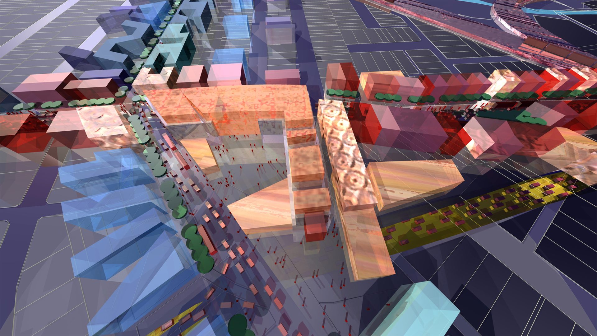 A 3D-rendered urban landscape inspired by Parramatta Road, showcasing a mix of colorful geometric buildings and structures. The scene features streets lined with trees, intersecting walkways, and various blocky buildings in shades of blue, red, and beige.