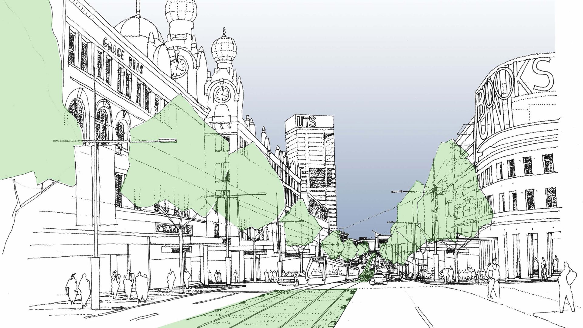 A black and white line drawing depicts a bustling Parramatta Road with historic and modern buildings. Key landmarks include buildings with domes and spires, a cylindrical structure, and a tower with "JUS" signage. There are stylized green trees lining the street.