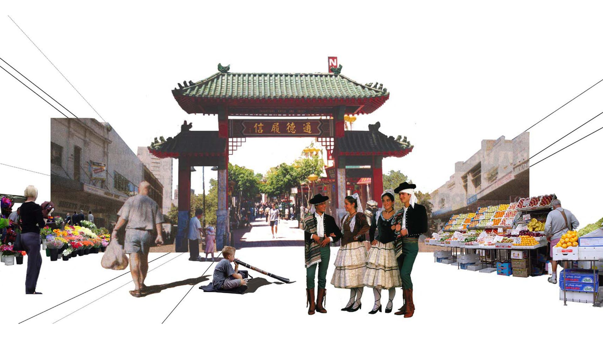 A busy marketplace features people shopping for fruits, vegetables, and various items along Parramatta Road. In the background, an ornate traditional Chinese gate is prominently displayed, while four people in traditional attire engage near the gate, blending cultural elements.