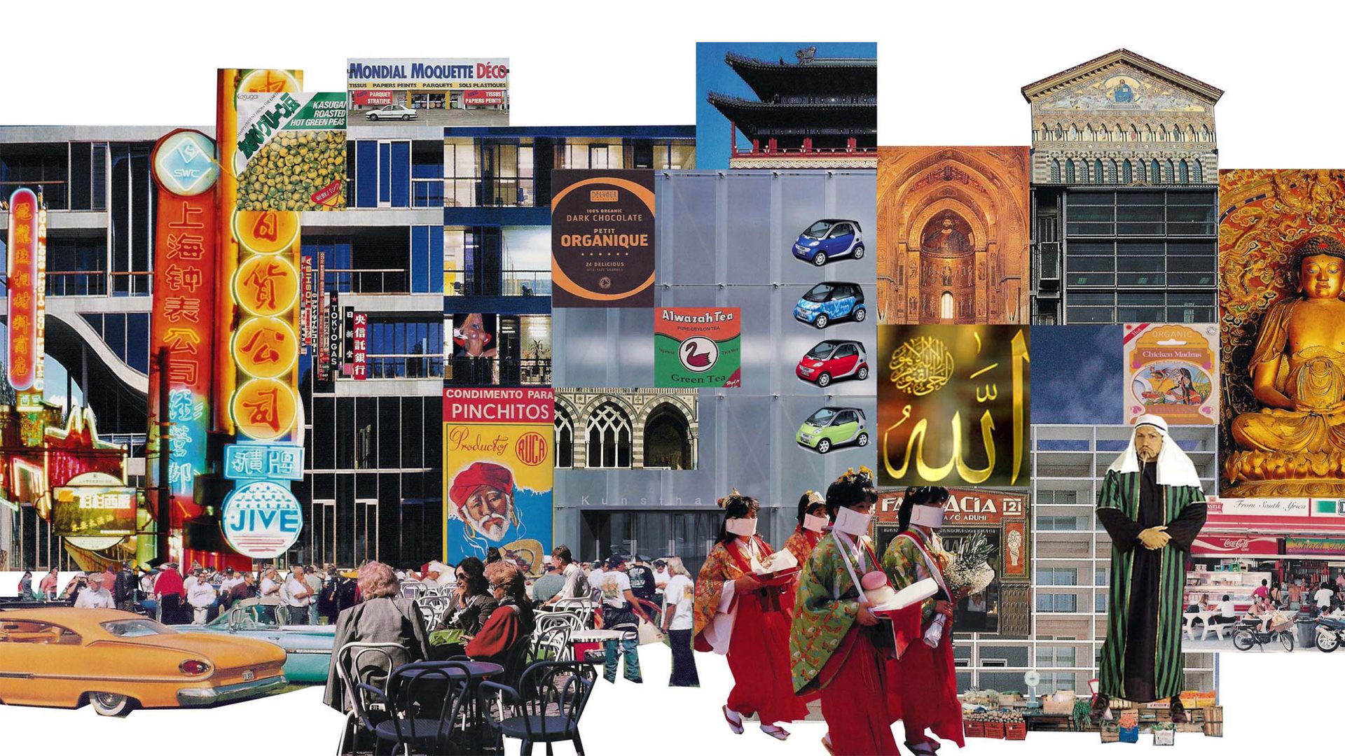 A colorful collage of various global landmarks, cultural elements, and people. It features neon signs, traditional and modern buildings along Parramatta Road, religious symbols, cars, diverse individuals in traditional attire, and market scenes, representing a mix of cultures and eras.