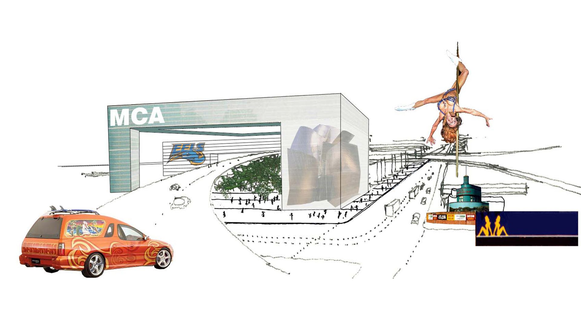 Illustration of a modern building labeled "MCA" with large glass areas. A road with cars leads to the entrance in Parramatta. A person in acrobatic attire swings from the top of the building. To the right, there's an outlined piece of machinery emitting flames.