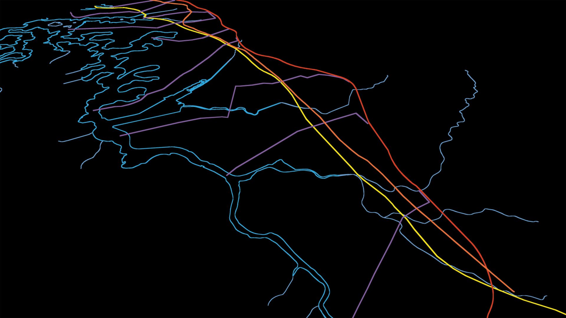 Abstract image depicting a map with various colored lines running diagonally across a dark background. Blue lines represent a river system, while red, yellow, and purple lines symbolize roads or routes intersecting through the area, with one prominent red line indicating Parramatta Road.