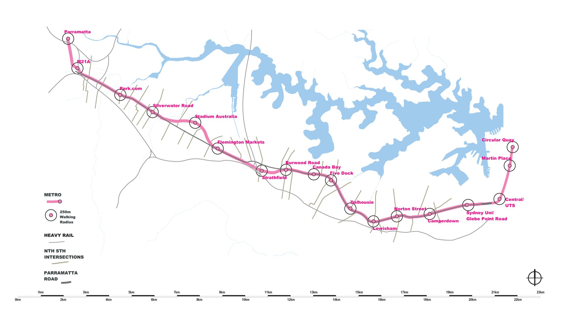 Map of the Sydney Metro West line showing stations from Westmead to Hunter Street. The map highlights metro and heavy rail lines, walking radii around stations, and notable intersecting roads like Parramatta Road. The route is depicted in pink, alongside a blue water body and grey land areas.