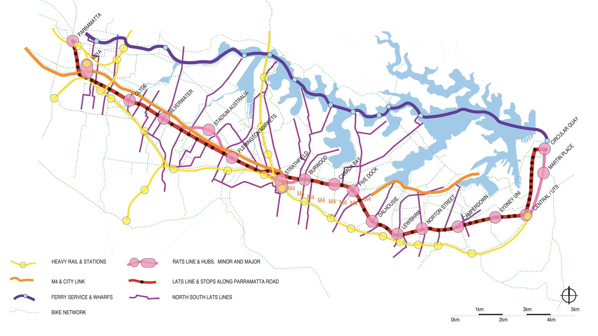 A detailed transportation map depicts various transit lines and connections in a region. Key features include heavy rail stations, major hubs, ferry services, city links, Parramatta Road stops, north-south lines, and bike networks.