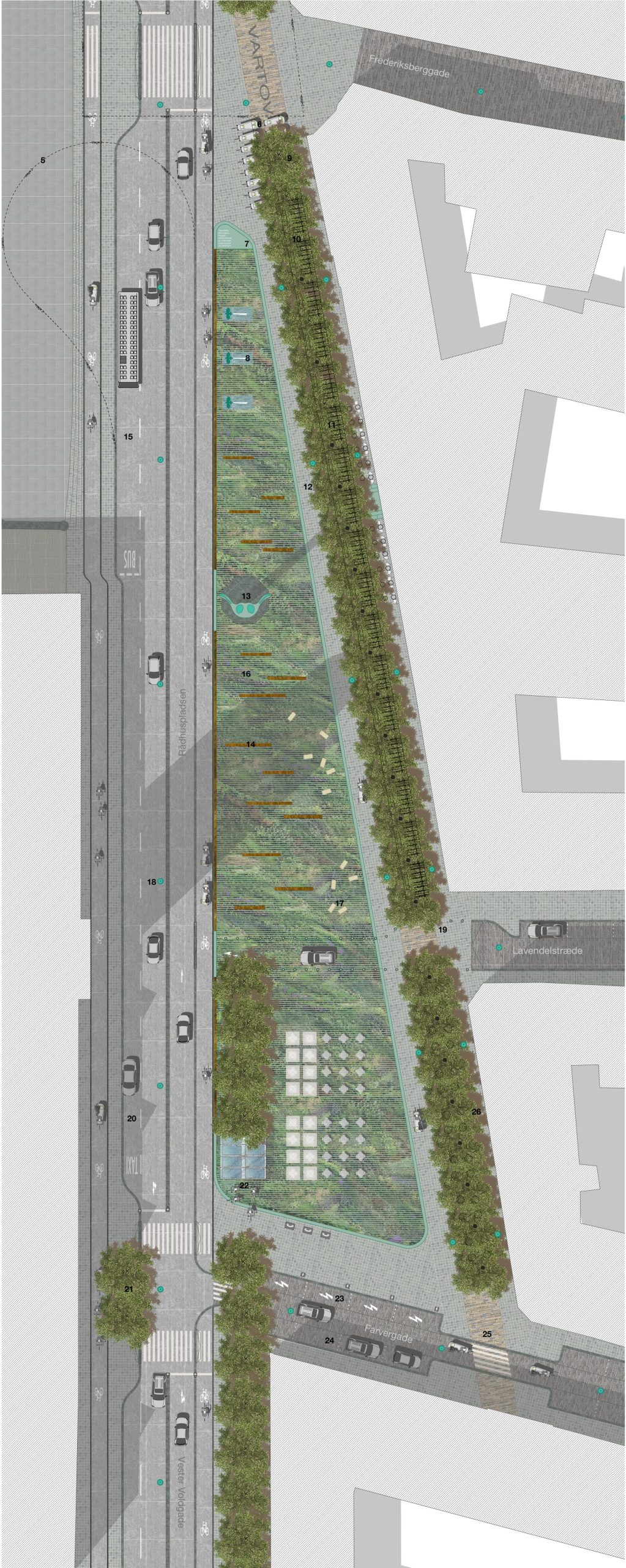 An aerial view of Vartov Square showcases an urban park design featuring a triangular green space adorned with trees, benches, pathways, and water features. Roads with vehicles and sidewalks border the park on three sides. Nearby buildings are visible but not detailed.