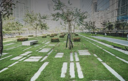 A modern park in Taichung with neatly manicured grass features geometric stone pathways and several trees. Buildings with mirrored glass facades are visible in the background, reflecting the greenery. Some areas of the park include benches and flower beds, part of Stage 1 of a government initiative.