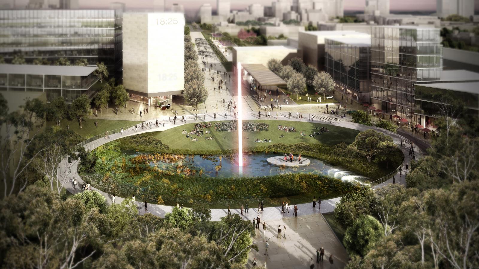 A large, circular public park with a central pond and a tall water fountain is surrounded by walking paths. People are walking and resting on the grass. Modern buildings and trees encircle Union Court at ANU, creating a blend of nature and urban architecture.