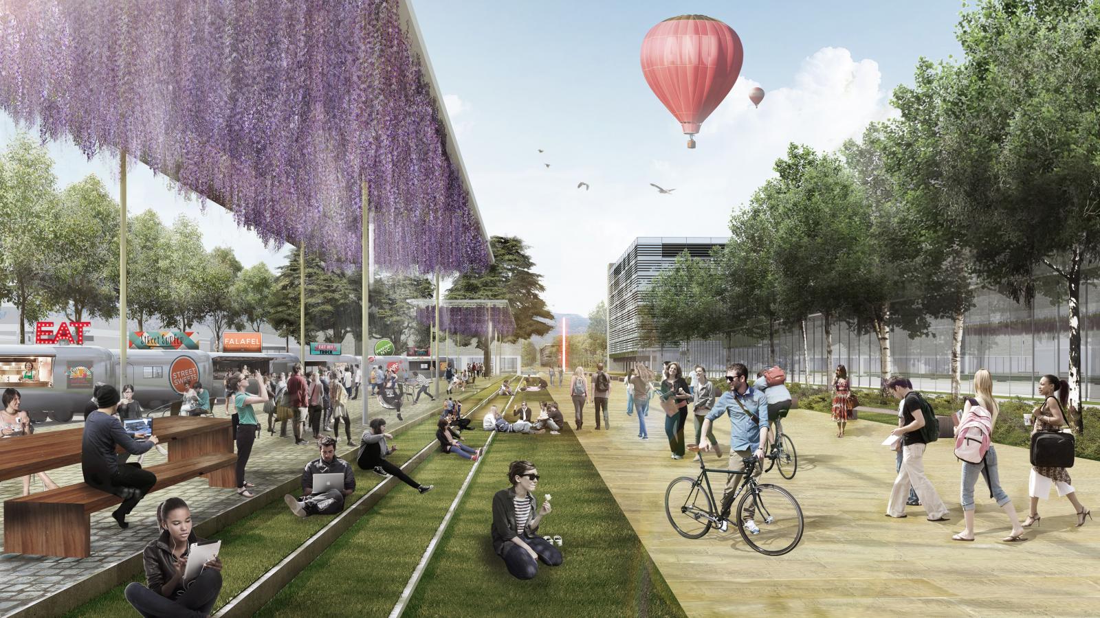 A lively outdoor urban park in Union Court at ANU features people relaxing on a grassy lawn, biking, and walking. Food trucks, including one labeled "EAT," dot the scene. A covered seating area with hanging purple flowers and a hot air balloon in the sky enhance the vibrant atmosphere.