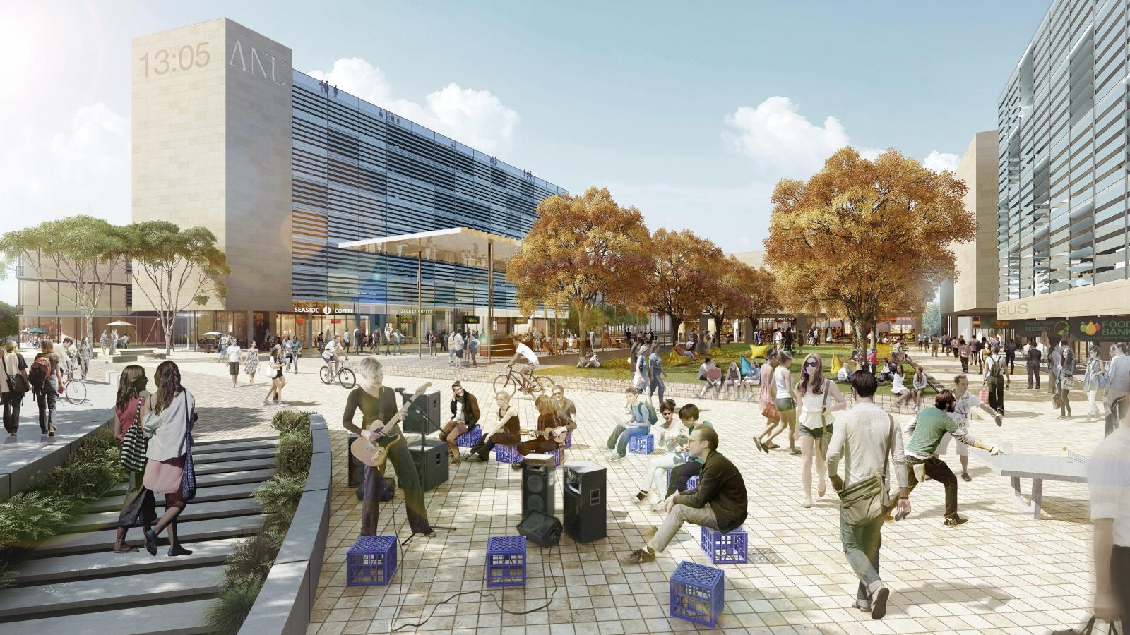 A vibrant outdoor scene at ANU's Union Court shows people interacting, sitting, and walking. Musicians perform on a stage surrounded by onlookers. Trees with autumn foliage and contemporary buildings frame the background, with a clock displaying 13:05 on one building.