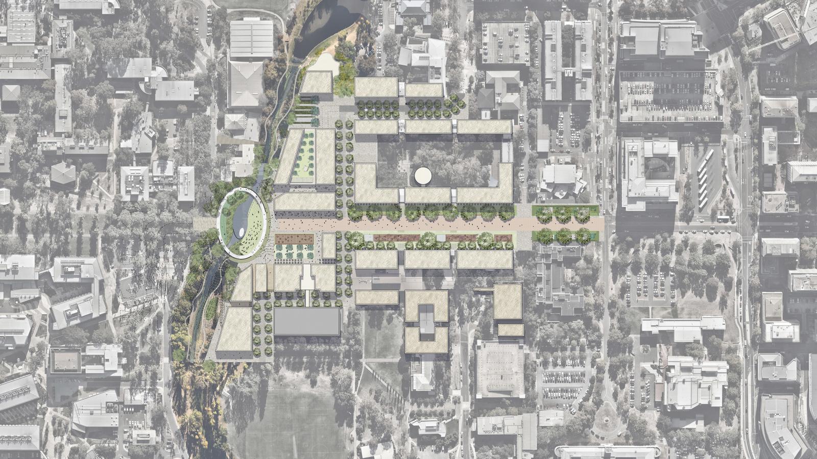 A detailed aerial view of an urban development plan at ANU. The design features buildings, green spaces, pathways, and a highlighted round pond area surrounded by trees on the left side. Union Court and other streets integrate seamlessly with the surrounding urban infrastructure.