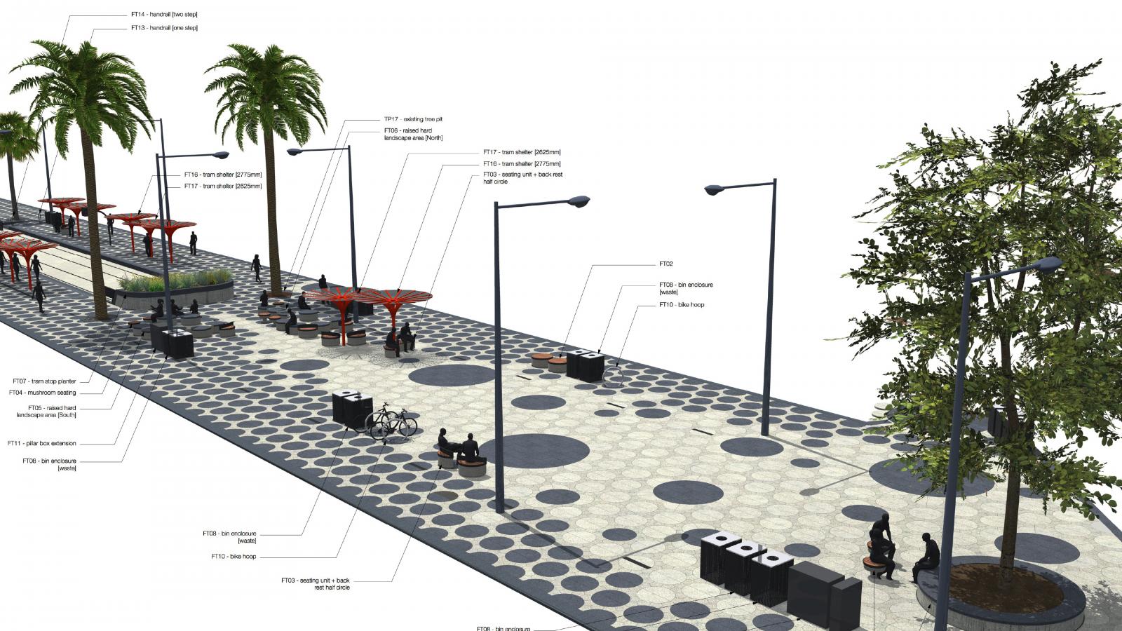 A rendered image depicts a modern urban street design with key features labeled. It includes palm trees, patterned sidewalks, seating areas, bicycle racks, streetlights, and waste bins. The layout shows various functional and aesthetic elements for pedestrians on Acland Street in St Kilda.