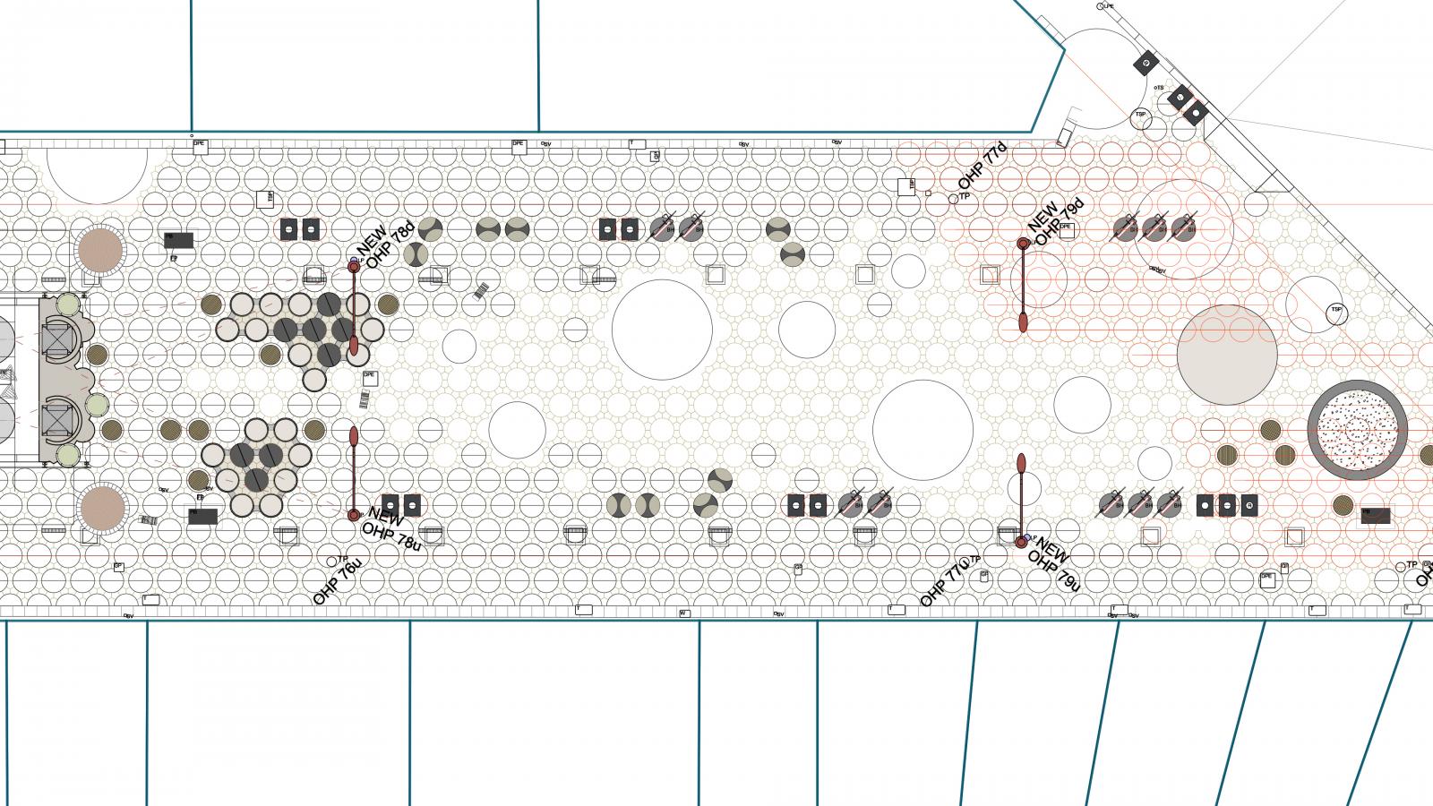 A detailed floor plan featuring a grid of circles and various rectangular marked zones. Multiple circular and rectangular tables with chairs are around. Some red and black lines and circles are outlined, likely indicating specific zones or pathways reminiscent of Acland Street in St Kilda.