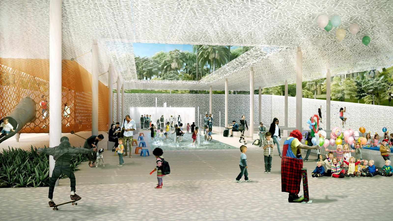 An open space at Akoya Park features children and adults engaging in various activities such as skateboarding, playing with toys, and interacting with clowns. The area boasts a modern design with a white, intricate patterned roof and greenery in the background. Balloons decorate the vibrant space.