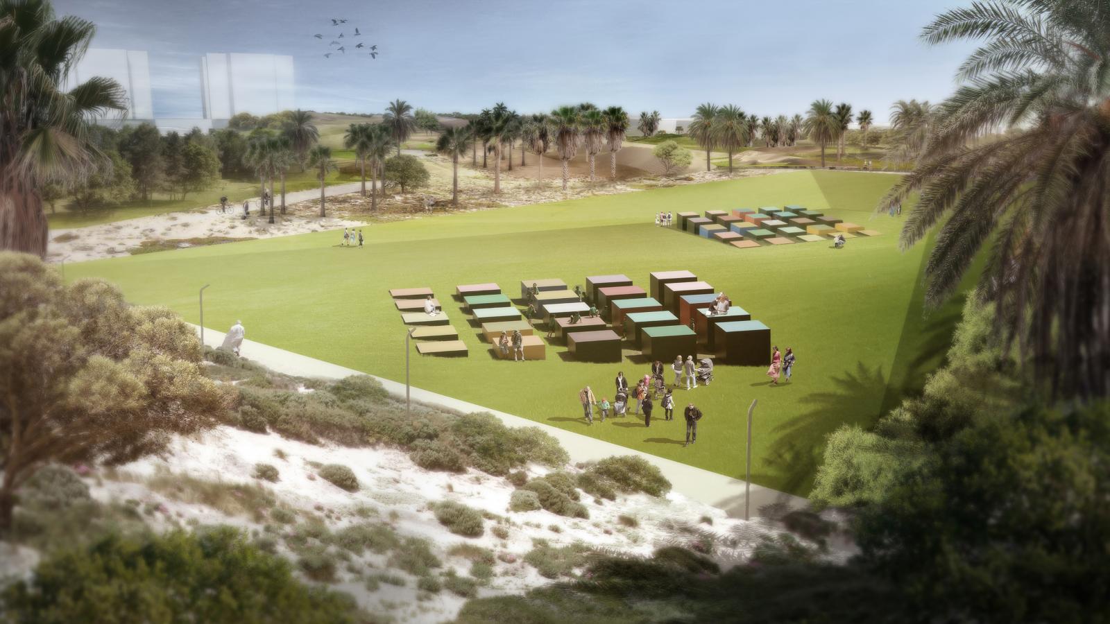 An outdoor scene at Akoya Park features a spacious green area with clusters of people gathering near large, colorful rectangular benches arranged in a grid pattern. Palm trees and shrubs line the background with a sandy area visible on the left. Birds fly in the sky.