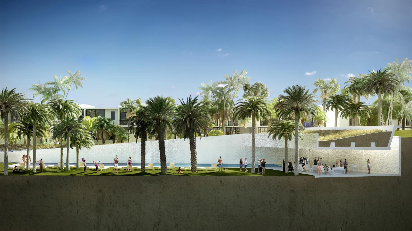 Digital rendering of a modern architectural complex featuring a series of white, minimalist structures surrounded by lush palm trees. People are walking and standing in the green space around the buildings, enjoying the sunny weather under a clear blue sky in Akoya Park.