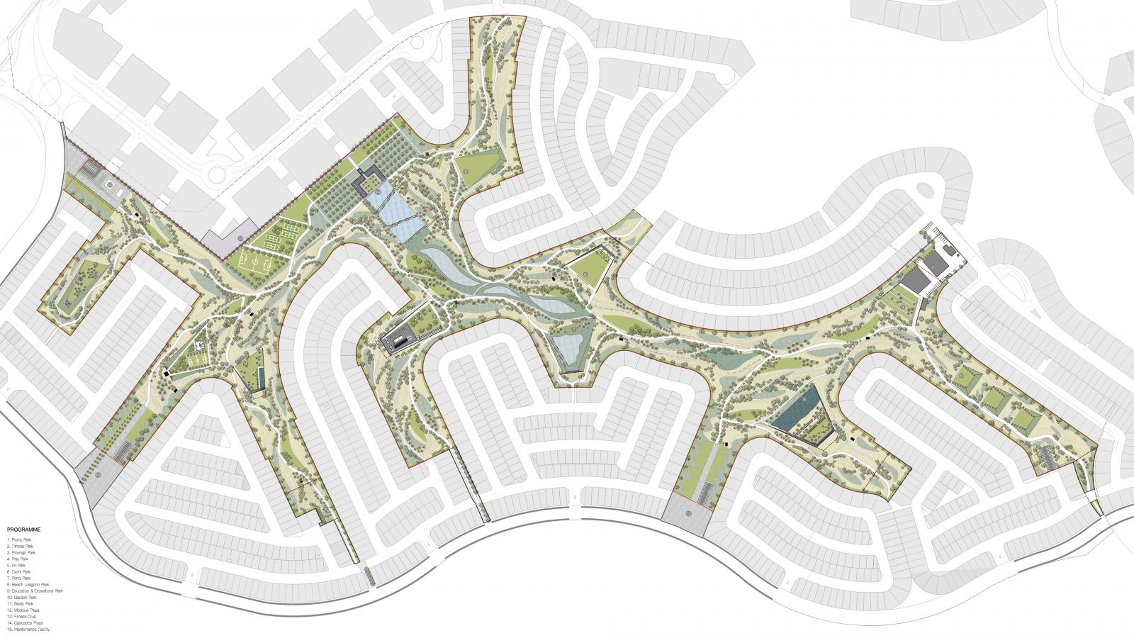 A detailed map of the urban development project, Akoya Park, featuring a central park with winding paths, water features, and green spaces. Surrounding the park are sections of residential buildings arranged in both curved and grid-like patterns.