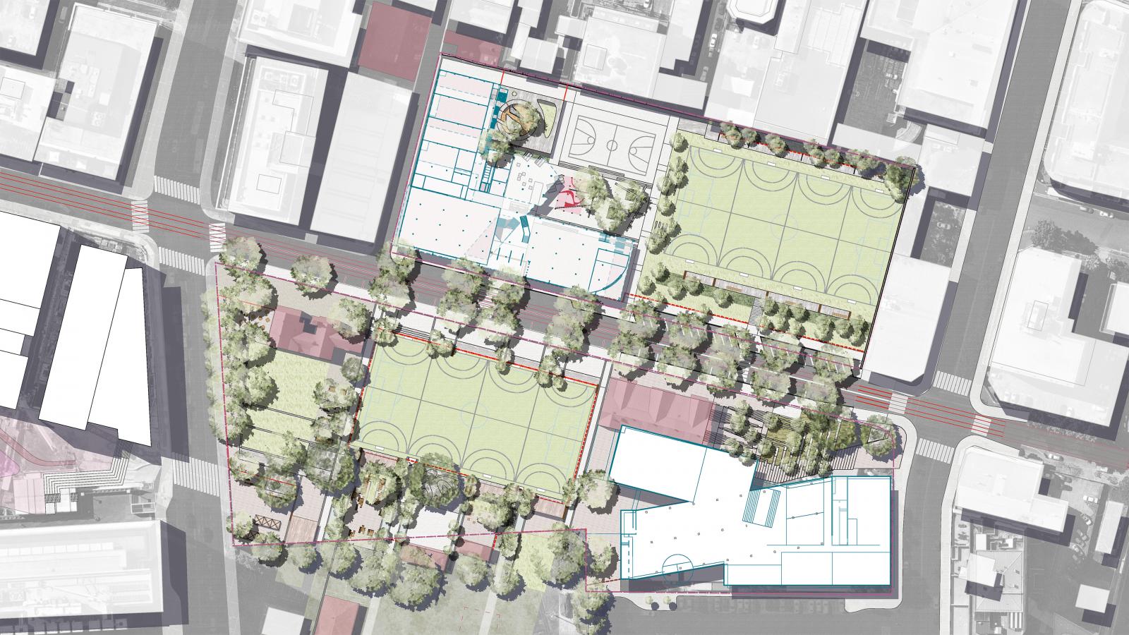 An aerial view of a city block in Parramatta features sports courts, including basketball and tennis courts. The image shows adjacent buildings, pathways, and green spaces with trees surrounding the recreational areas, situated near Arthur Phillip School. The layout includes several distinct sections.