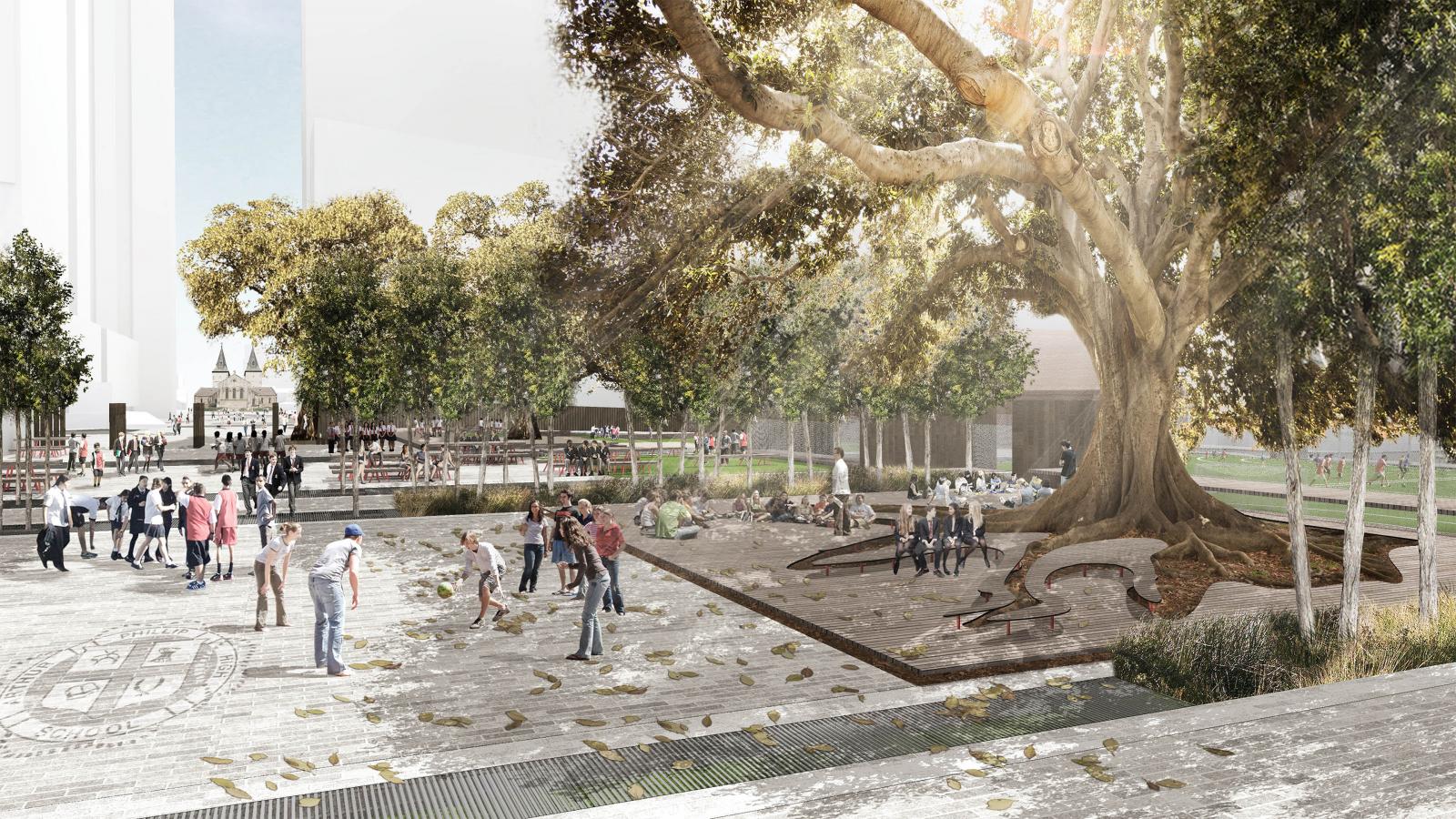 People gather in a spacious, sunlit park in Parramatta with large trees and scattered fallen leaves. A massive old tree with sprawling branches stands prominently near the center, with benches and playground structures nearby. Near Arthur Phillip School, people walk, sit, and socialize in the vibrant space.