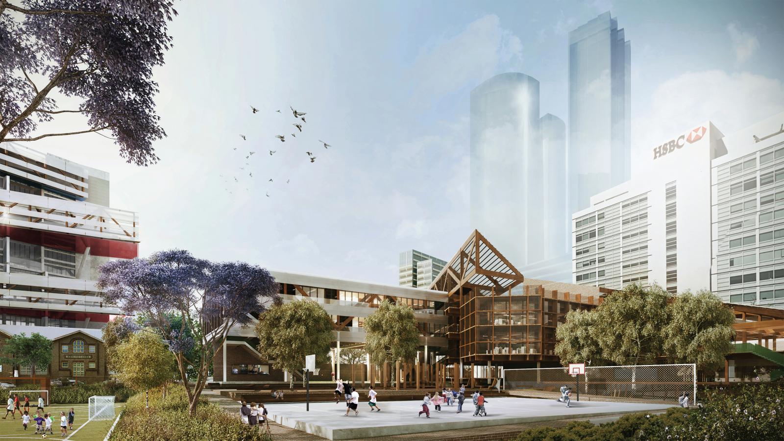 An outdoor scene of Parramatta's modern school campus shows students playing on a basketball court and walking around. Surrounding the area are trees and multi-story buildings, with a tall skyscraper and an HSBC building in the background under a partly cloudy sky at Arthur Phillip School.