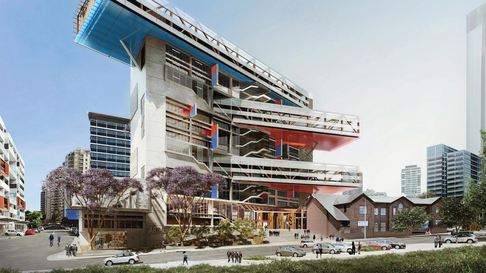 A modern multi-story building with a futuristic design stands prominently in Parramatta's urban setting. Various levels feature extended platforms and angular structures. Nearby smaller brick buildings and parked cars are in the foreground, with adjacent high-rise buildings, including the Arthur Phillip School, in the background.