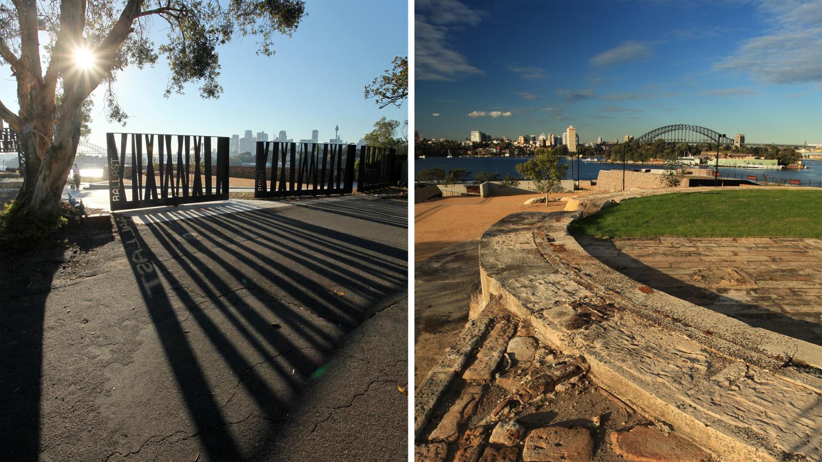 Split image: Left side shows sun shining through tree and shadows of tall fence onto the road, with city skyline visible in the distance. Right side displays a curved stone structure at Ballast Point Park, on a grassy area overlooking a large body of water with a bridge and city buildings in the background.
