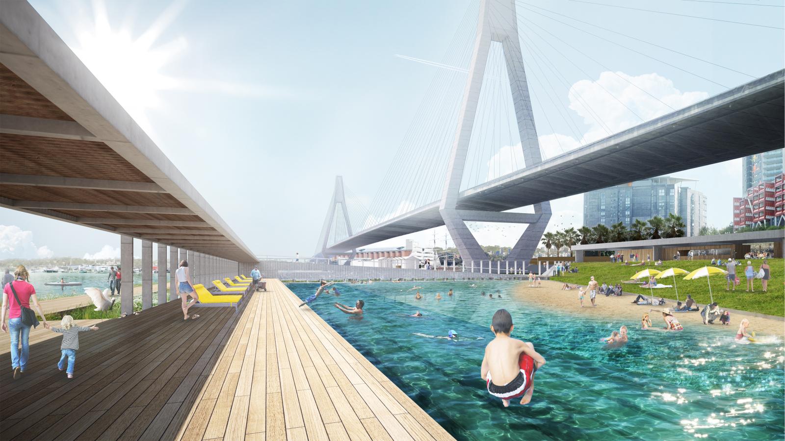 A vibrant riverside scene features people swimming and relaxing by a large body of water under a cable-stayed bridge on a sunny day. Families are walking along the waterfront promenade, while others lounge on sunbeds and grassy areas. The sky is bright with a few scattered clouds.