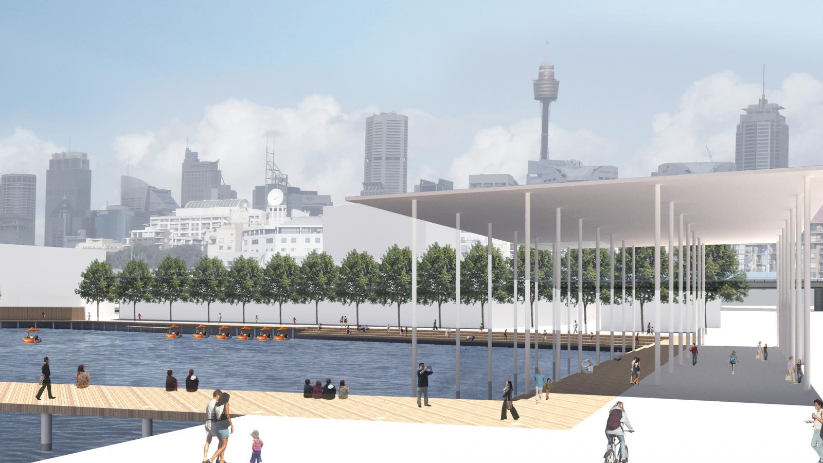 Architectural rendering of a waterfront promenade featuring wooden walkways and seating areas. Tall white columns support an overhead structure. People walk, sit, and bike around. Boats float on the water, and a city skyline is visible in the misty background.