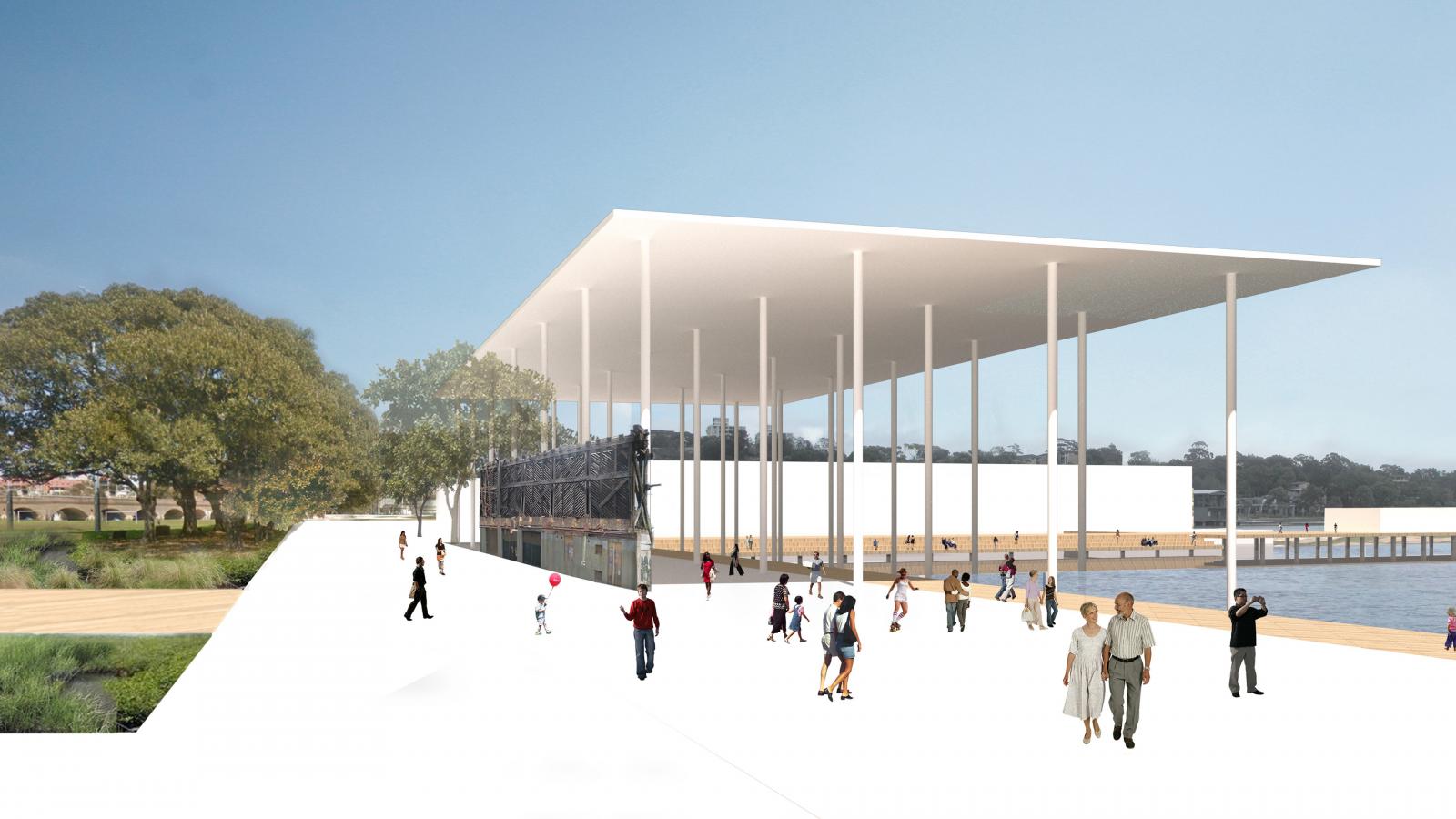 A modern architectural pavilion with a large flat roof supported by tall, slender pillars stands by the waterfront. People are walking and interacting on the promenade, while green trees sway gently to the left. The clear, blue sky completes this serene bayside scene.