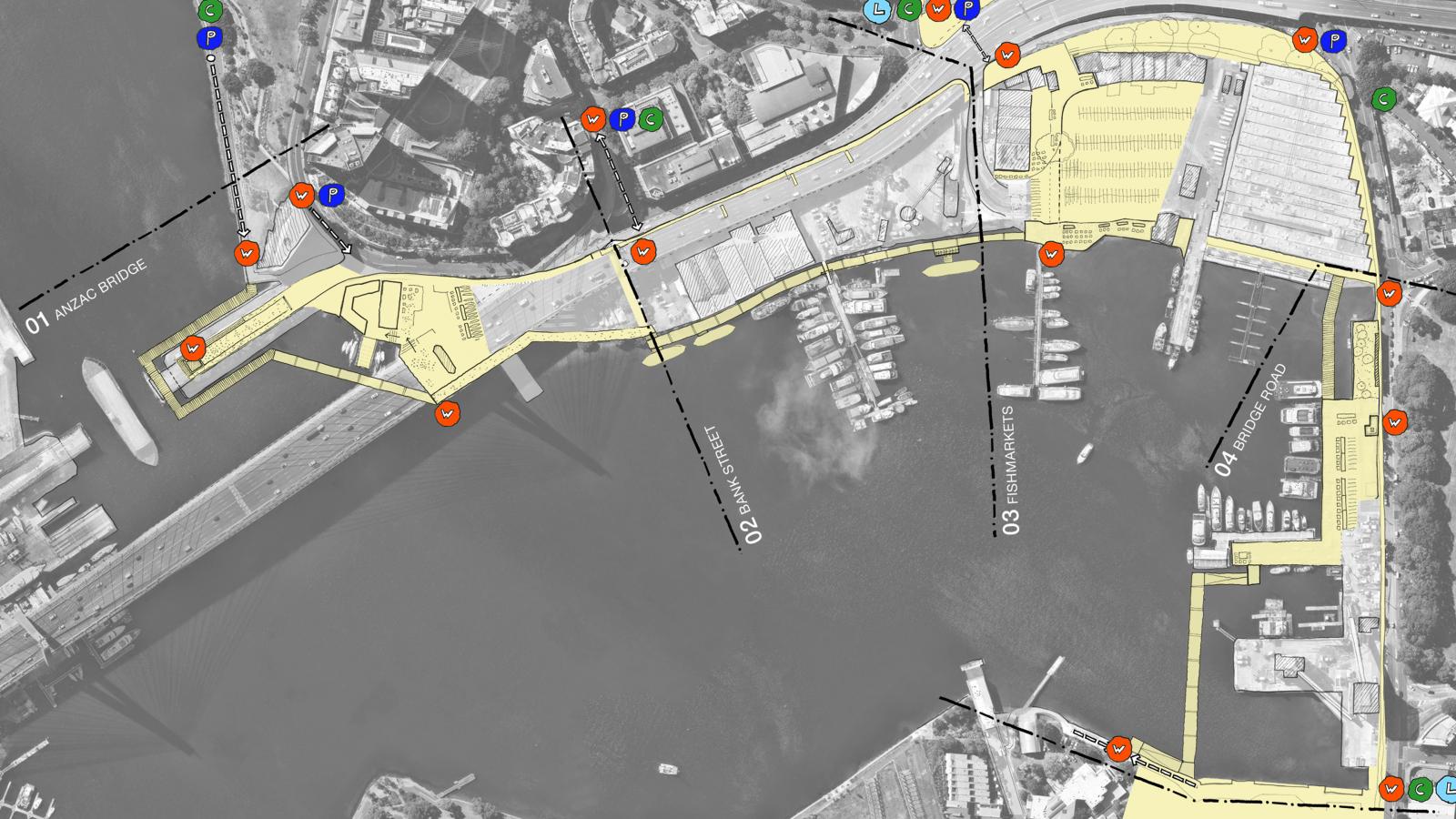 A black-and-white map highlights a marina and surrounding areas. Yellow shaded paths and areas indicate routes and sites. Blue and red numbered icons are marked along the waterfront promenade. The image shows docks, buildings, and part of a bridge labeled "Anzac Bridge" to the left.