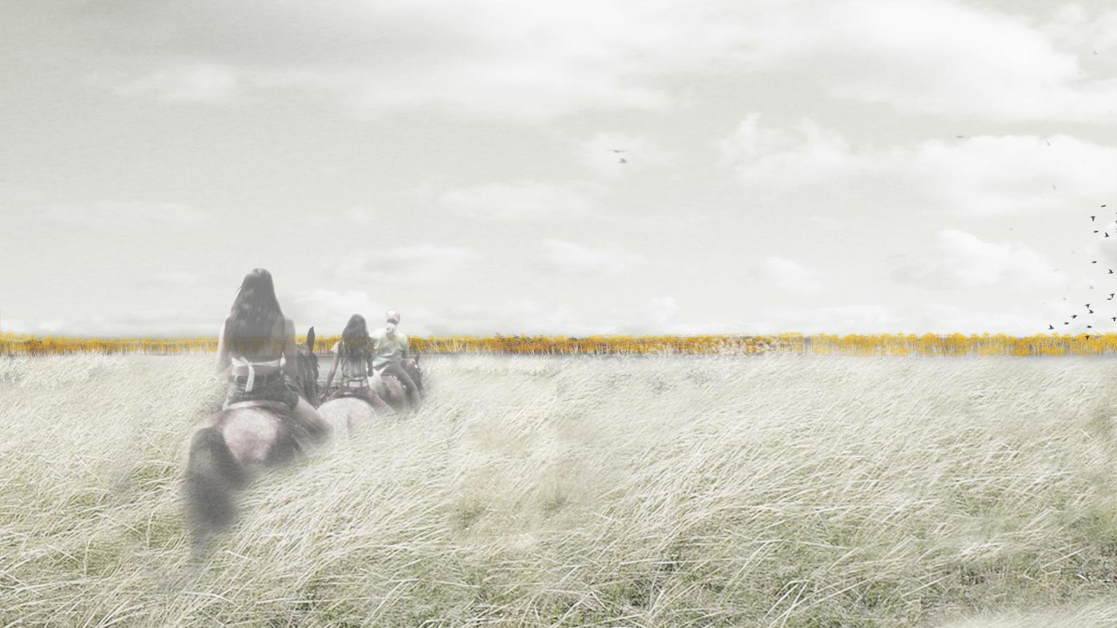 Three individuals on horseback ride through a vast, grassy field under a cloudy sky. The horizon features a golden-yellow band, possibly trees or crops, with a scattering of birds in the distance. The scene evokes the calm and open space reminiscent of Berlin Tempelhof's expansive landscape.