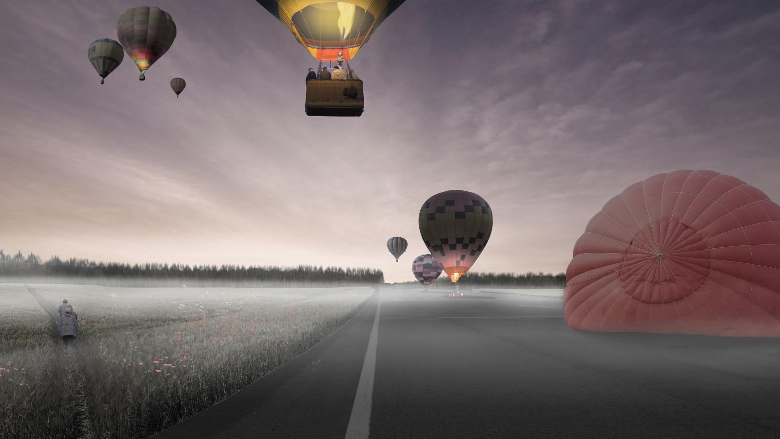 A serene scene at dawn featuring several hot air balloons at different stages of flight over Tempelhof in Berlin. One balloon is descending, another is inflating on the ground, and a few are aloft. A lone figure walks through a misty field, adding to the tranquil atmosphere.