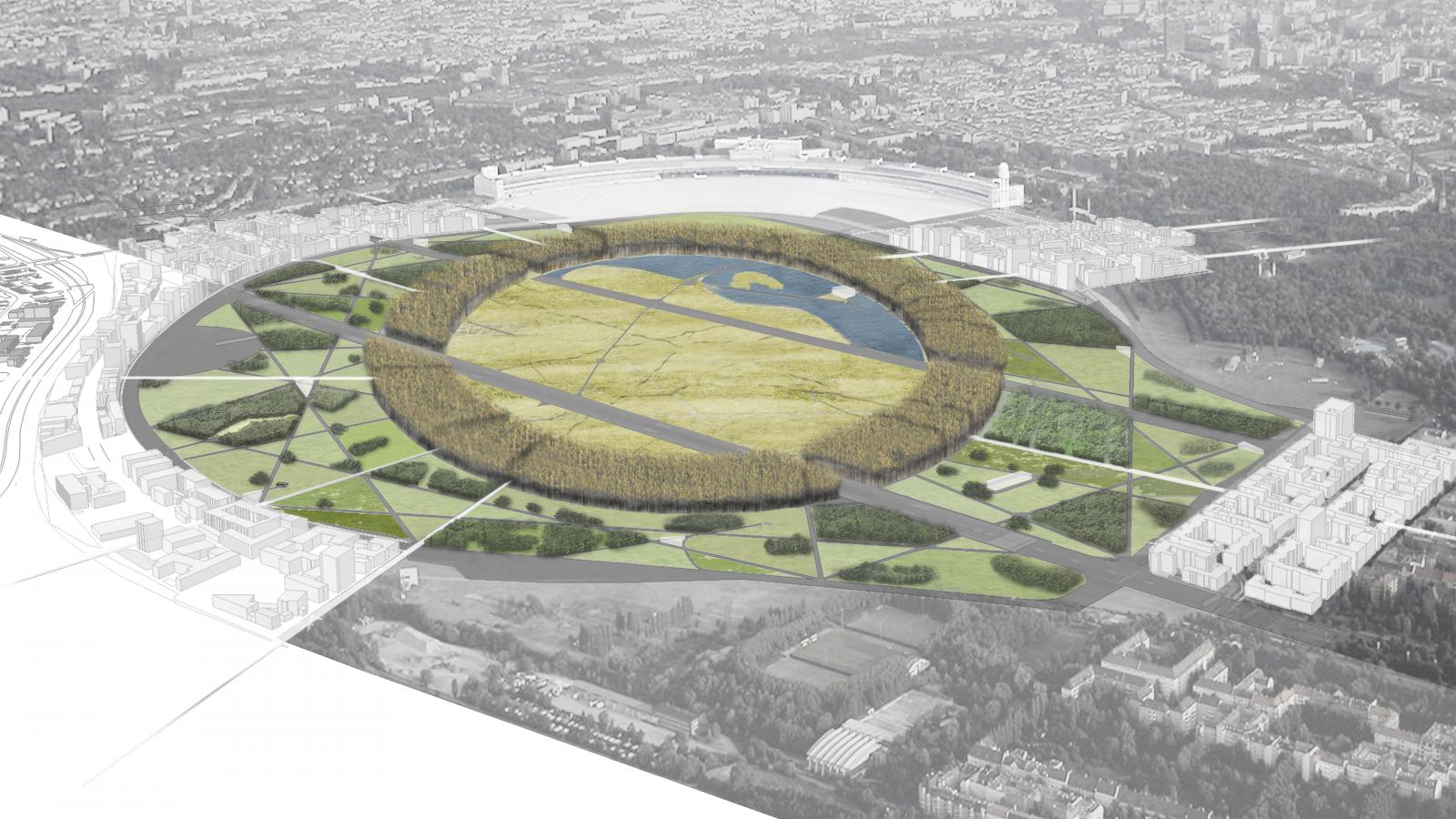 Aerial view of a conceptual circular park design featuring a large grassy area with a central pond and various wooded sections, reminiscent of Berlin's Tempelhof Park. The park is surrounded by urban buildings, roads, and open spaces, and is situated within a bustling cityscape.