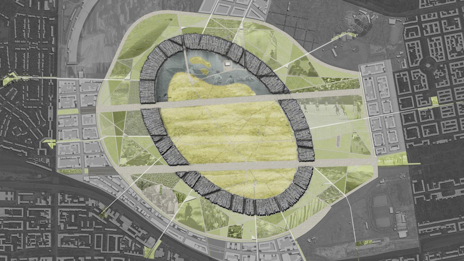 A grayscale architectural site plan of Berlin's Tempelhof shows a large central oval-shaped zone with a textured surface, bisected by intersecting lines. Surrounding it are road networks and geometric patterns of buildings, parks, and open spaces in a radial layout.