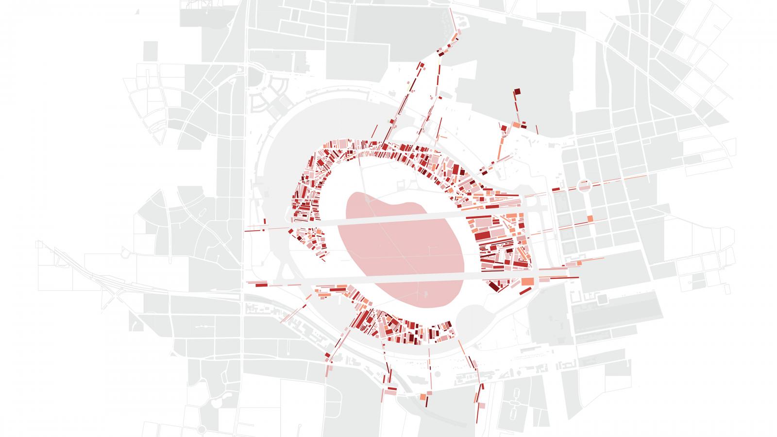 A map of Berlin displaying a central, irregularly shaped red area near Tempelhof, surrounded by a densely packed network of red lines, indicating a complex system of routes or infrastructure. The grey background with various markings suggests an urban or detailed planning layout.