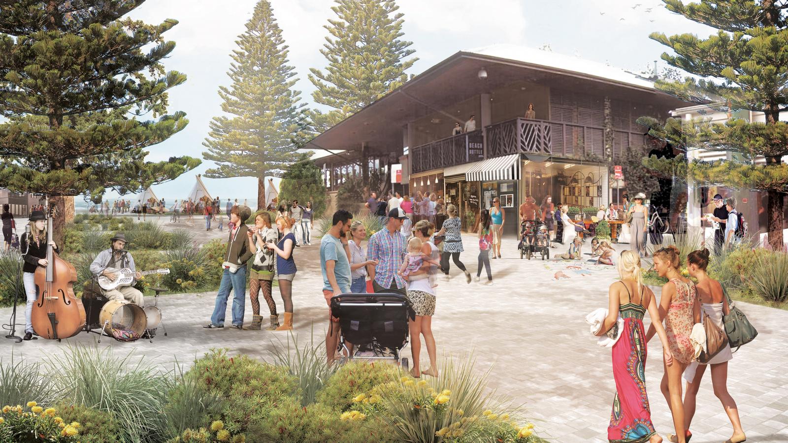 People enjoying a lively outdoor plaza in Byron Bay with shops, musicians, and tall trees. A jazz band performs on the left, while groups of people chat, shop, and walk around. An elevated building with a balcony and covered seating area is in the background, perfectly fitting into the Master Plan.