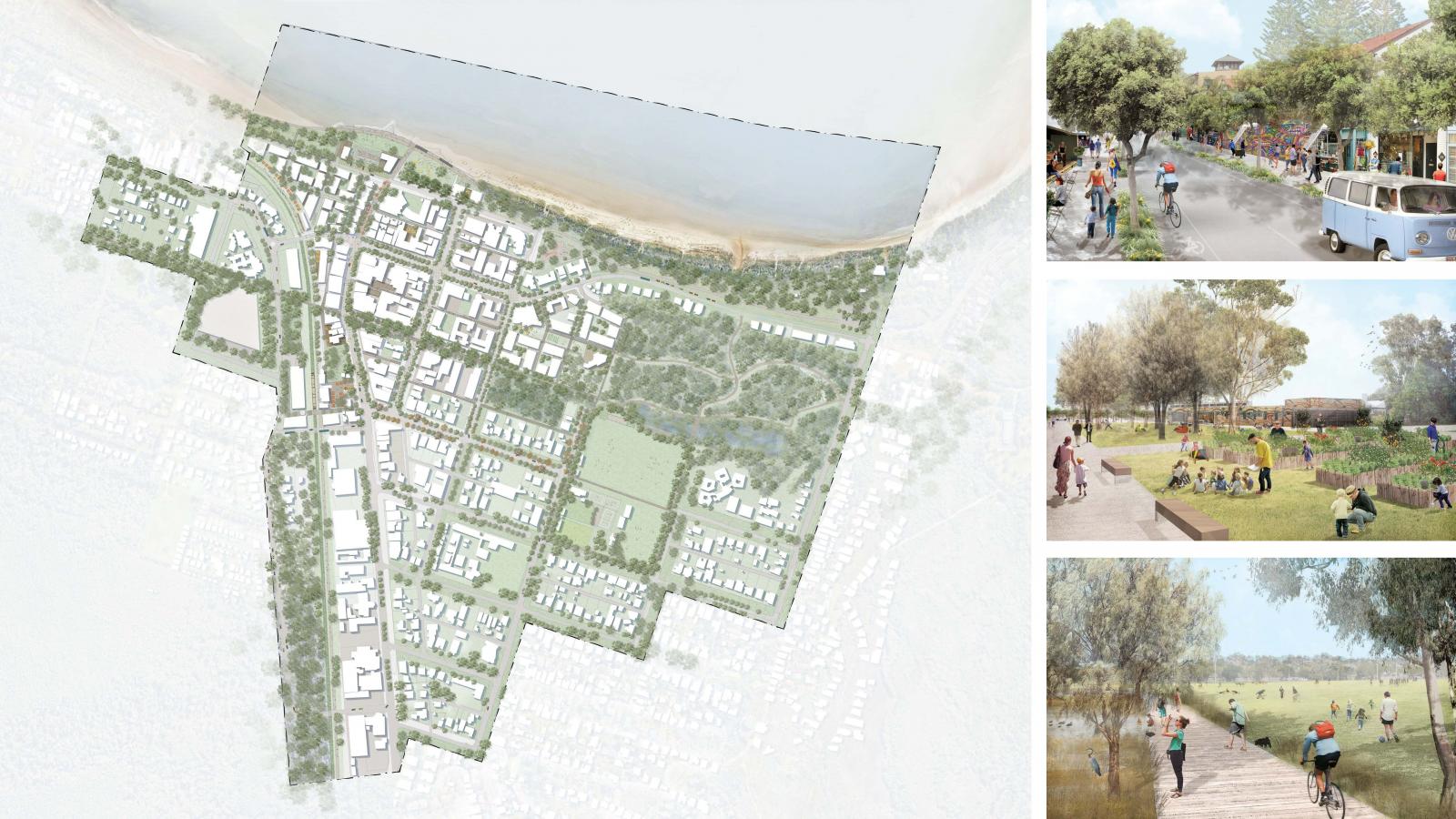 A detailed master plan showcases an urban planning proposal for Byron Bay, featuring residential areas, green parks, and beachfront access. On the right, segmented images depict a vibrant street with cyclists and pedestrians, a park with kids and adults, and a scenic boardwalk.