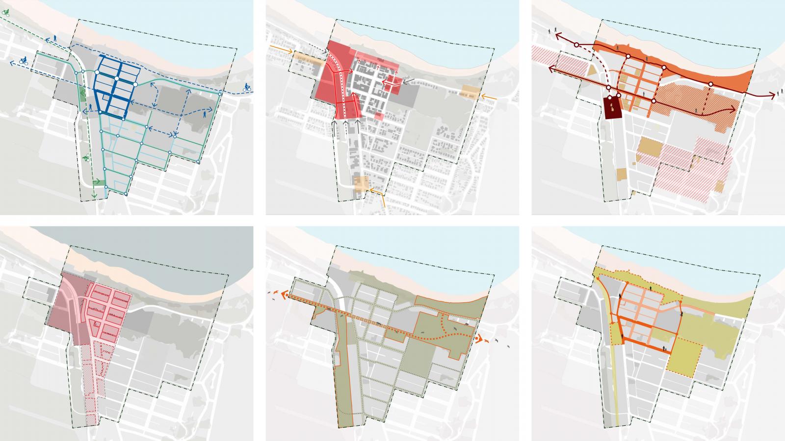 A collage of six urban planning maps shows various zoning and development plans for the Byron Bay coastal area. Each map uses different colors and patterns to represent diverse aspects like transportation, building usage, green spaces, and infrastructure layouts from the Master Plan.