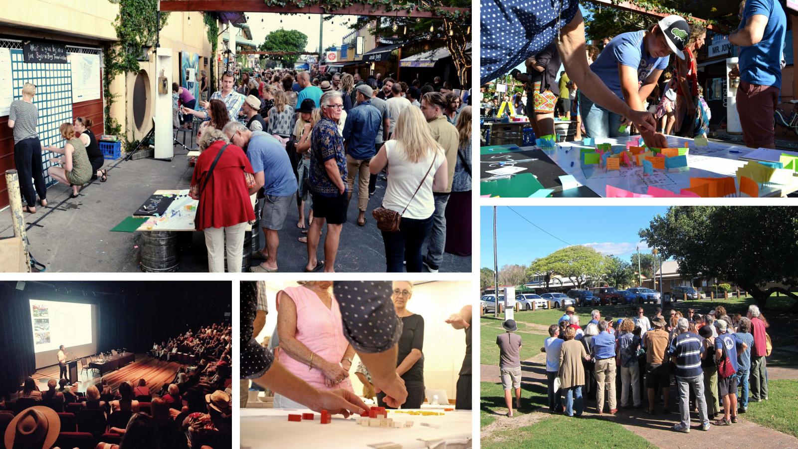 A collage illustrating community engagement activities in Byron Bay: people attending a street event, a public planning workshop with colorful models for the Master Plan, a community meeting in a park, and a large audience watching a presentation in a theater.