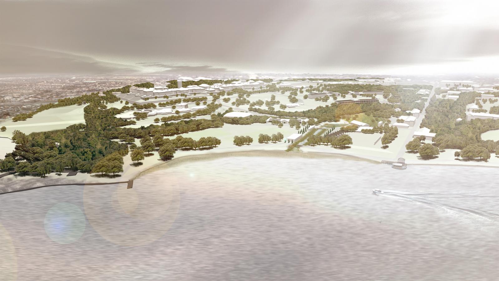 Aerial view of a coastal area featuring a mix of urban and natural landscapes. A waterfront with greenery, buildings, and roads merges into the cityscape in the background. As part of the Master Plan for Callan Park, a boat traverses the water in the foreground under a hazy, partly cloudy sky.