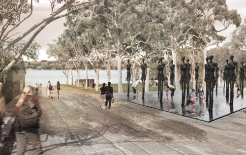 A serene outdoor oasis in Callan Park features a tree-lined path and a reflective water pool with silhouetted human statues. People walk, talk, and relax in this natural, art-filled setting. The scene is calm with a body of water and various individuals enjoying the environment as part of the Master Plan.