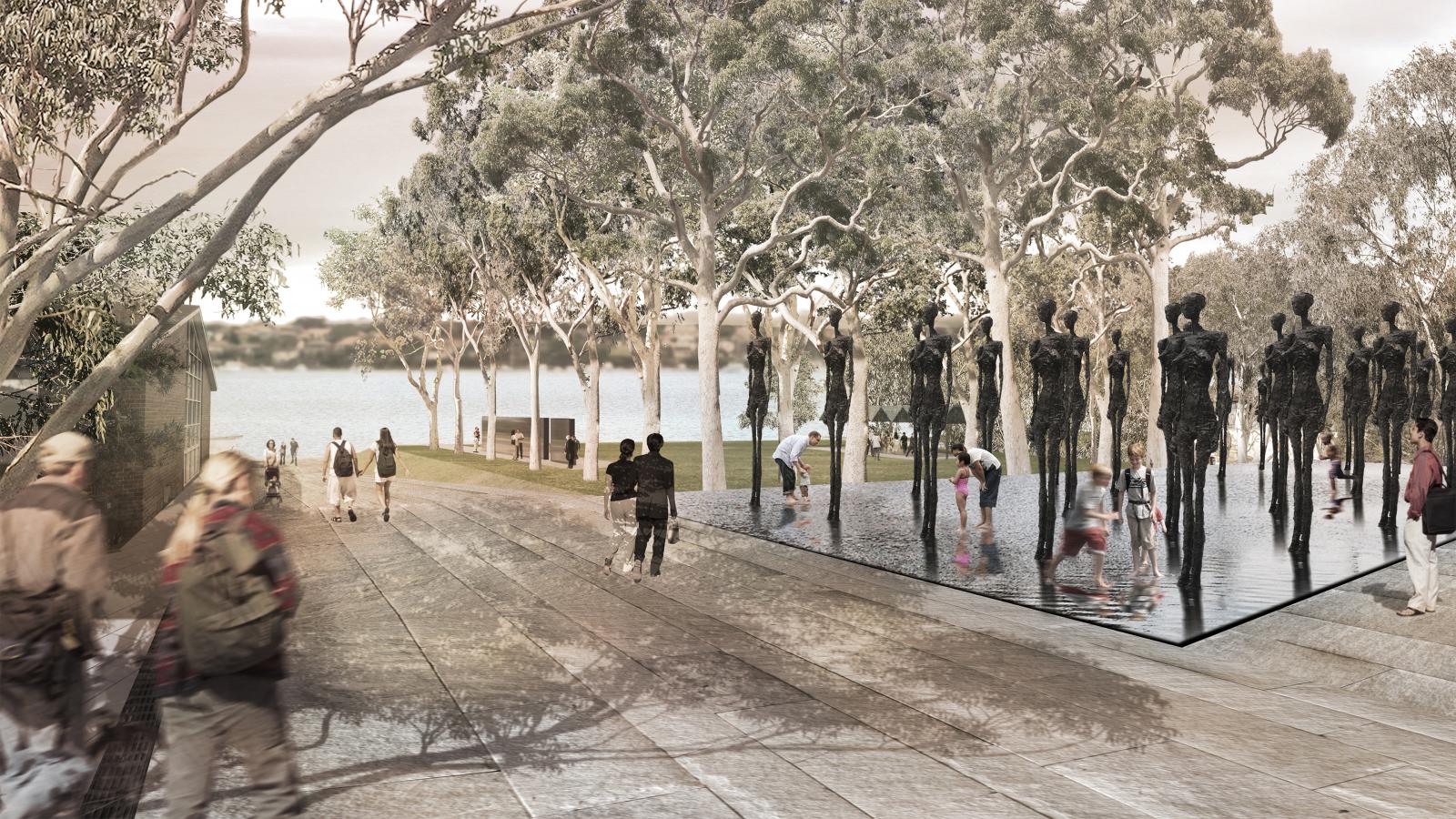 A serene outdoor oasis in Callan Park features a tree-lined path and a reflective water pool with silhouetted human statues. People walk, talk, and relax in this natural, art-filled setting. The scene is calm with a body of water and various individuals enjoying the environment as part of the Master Plan.