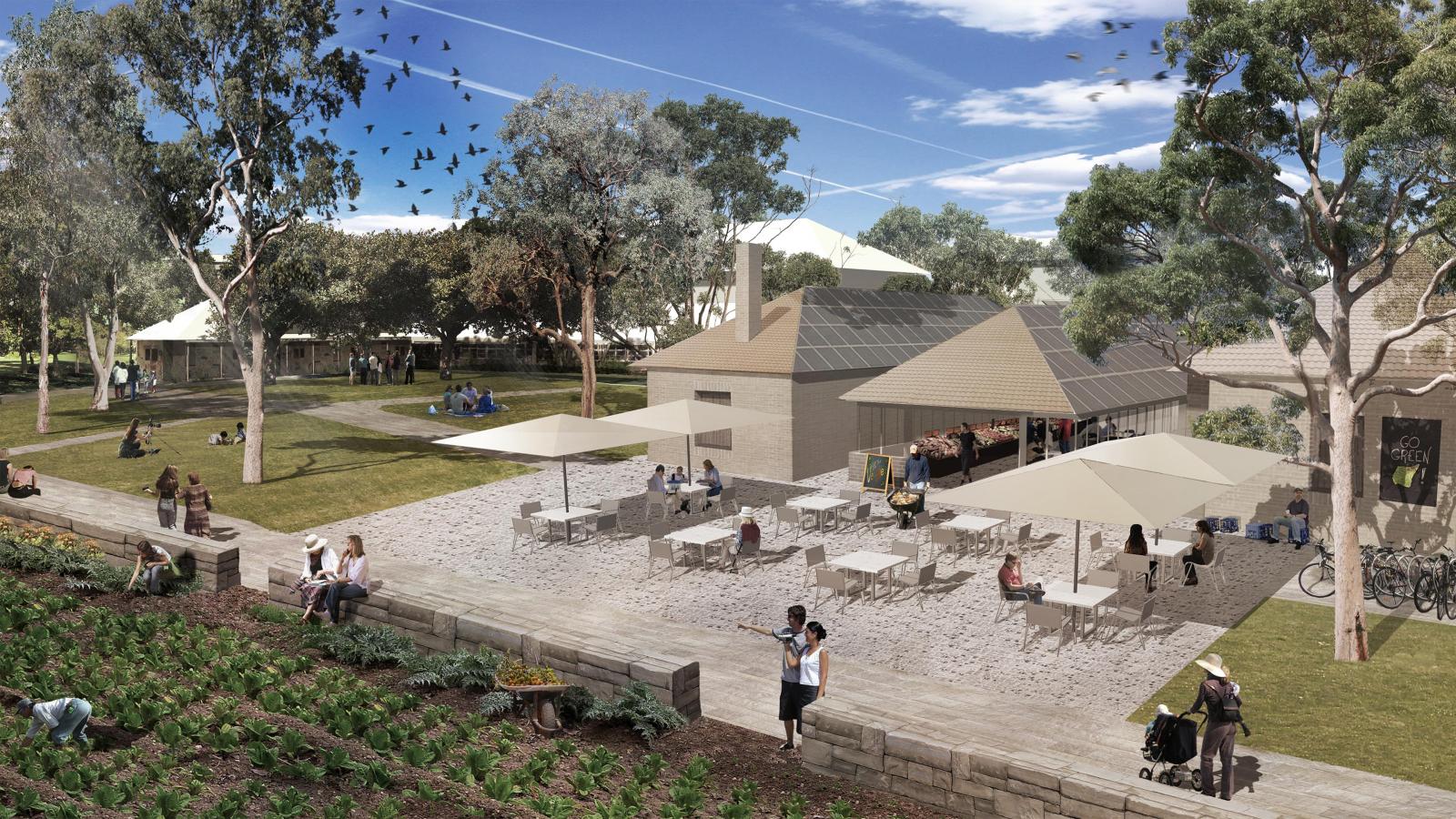 A scenic outdoor area in Callan Park features a small brick cafe with tables and umbrellas, surrounded by greenery and mature trees. People are leisurely walking, sitting, and interacting. A vegetable garden is in the foreground, birds are flying in the blue sky above, all carefully designed as part of the Master Plan.