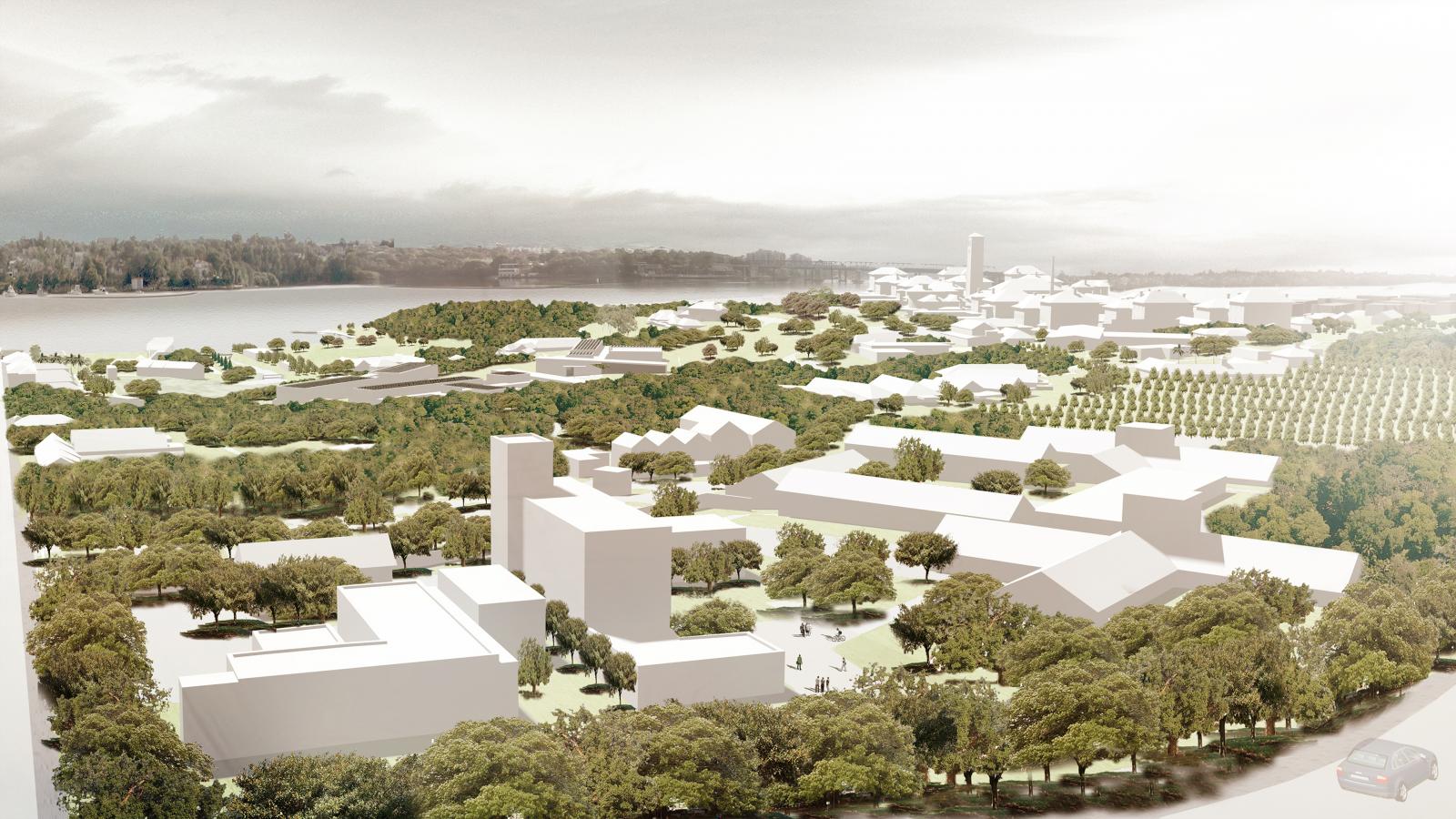 A digital rendering of a sprawling landscape featuring modern white buildings, green spaces, and clusters of trees. In the background, a waterbody and a distant landmass with more greenery are visible. The scene appears serene and well-planned, resembling the Callan Park Master Plan.